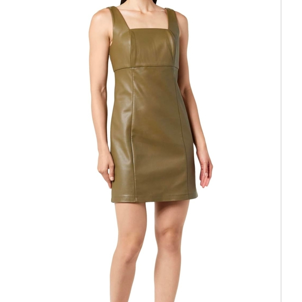The Drop Women's Hank Vegan Leather Square Neck Mini Dress In Large Capers Olive